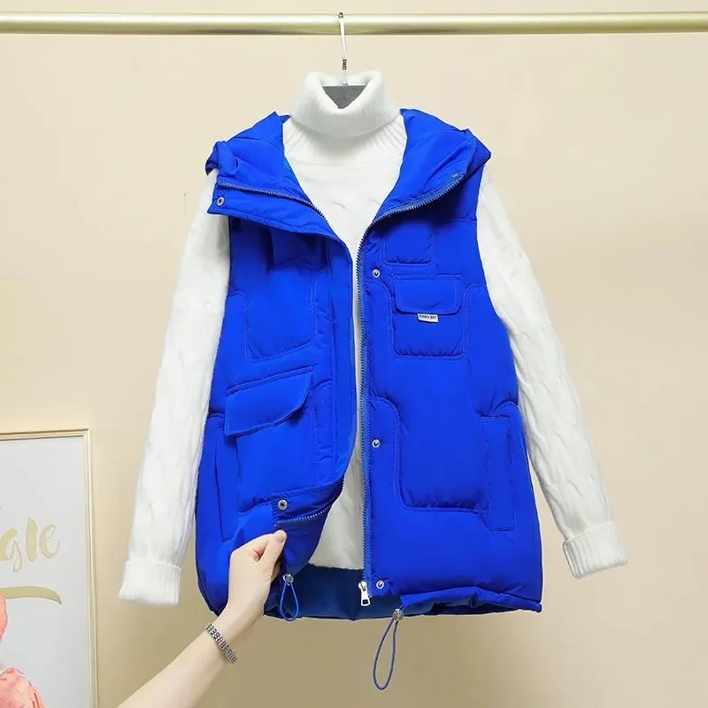 

2023 New Fluffy Down Cotton Vest Women's Autumn And Winter Short Hooded Outwear Sleeveless Vest Quilted Jacket Female Waistcoat