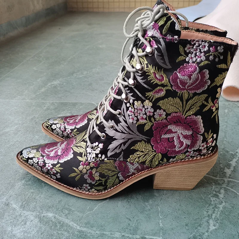 Botines de flores bordadas para mujer, zapatos de estilo chino