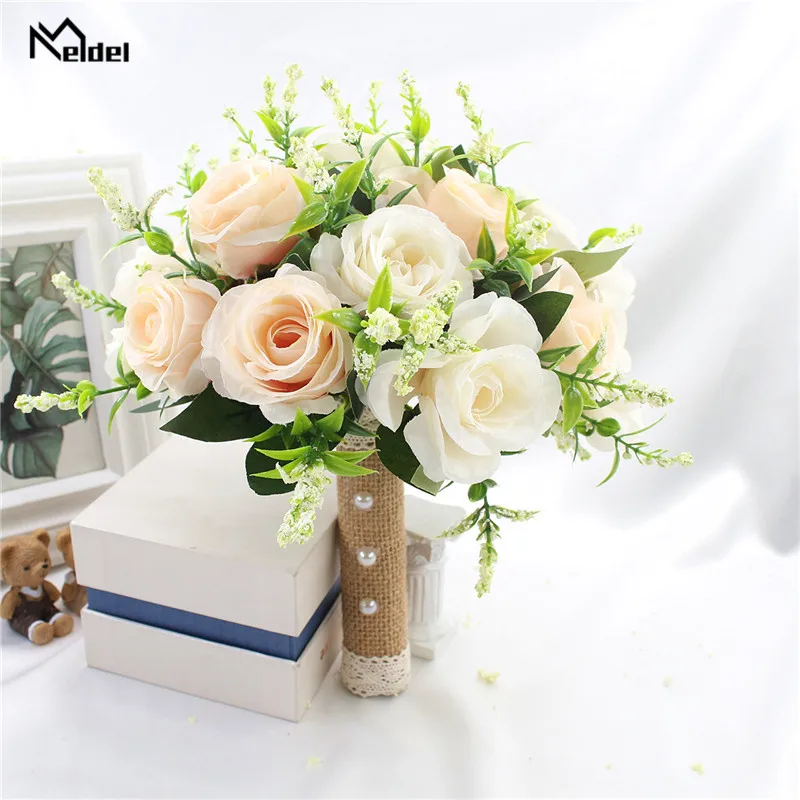 Wedding Bouquets Artificial Rose Flowers Bridal Bouquet Artificial Flower Wedding Holding Flowers White Artificial Natural Rose for Bridesmaid Bride Wedding Decorations