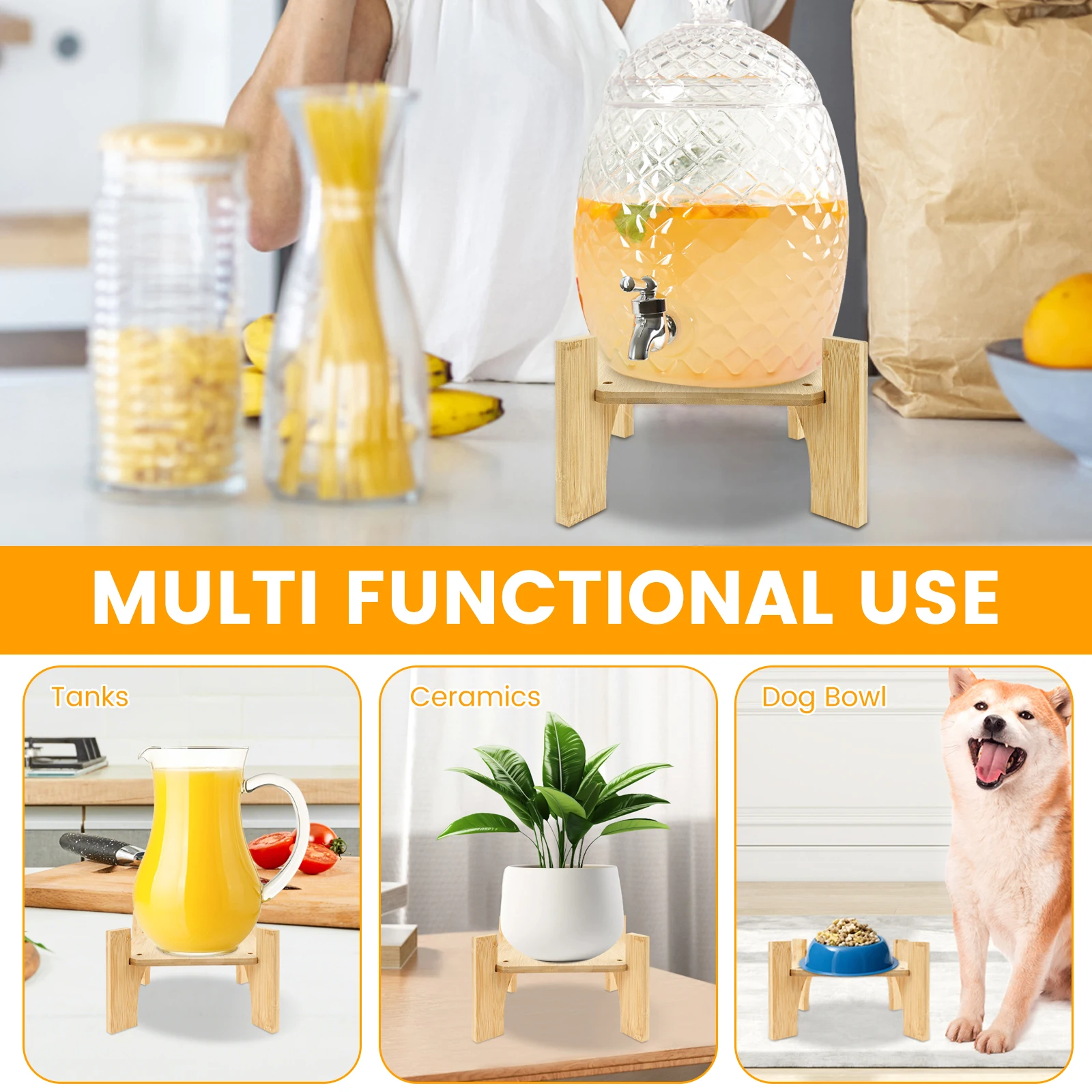 Drink Dispenser Stand Bamboo Rack Glass Jar Water Jug Holder Beverage Whiskey Decanter Stand Dispenser Base for Bar Office 6