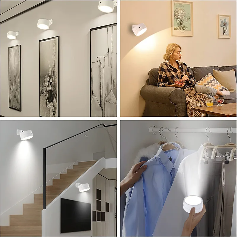 LED 벽 램프 터치 리모컨 캐비닛 스포트라이트, USB 충전, 자기 흡입 야간 조명, 침대 옆 램프, 360 도 회전