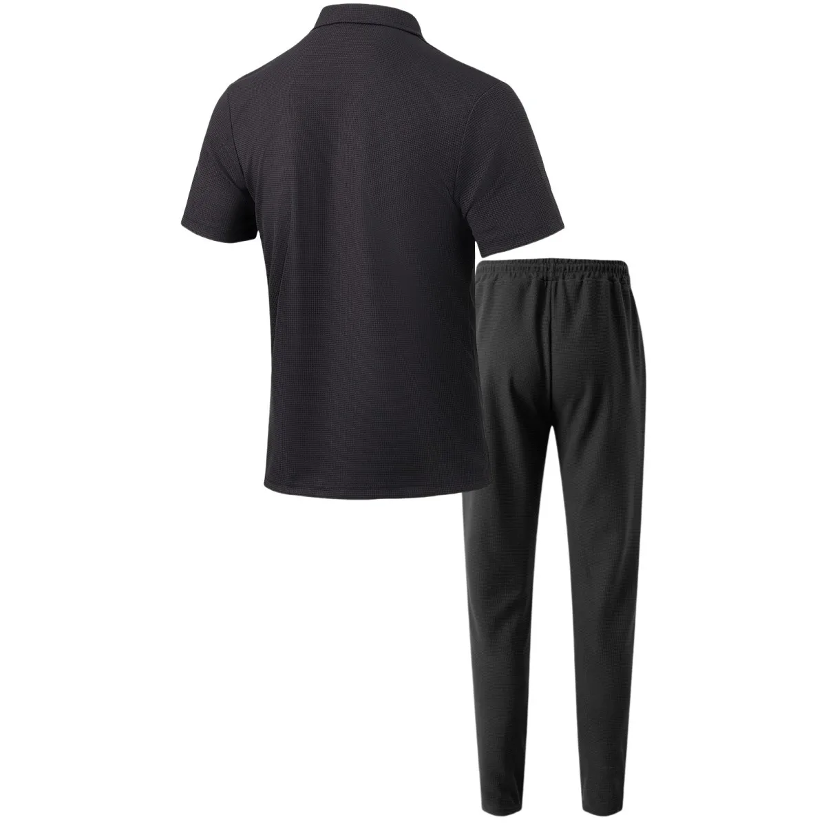 Men’s solid color waffle check short sleeve shirt and trousers two-piece set displayed on model in outdoor travel setting black back