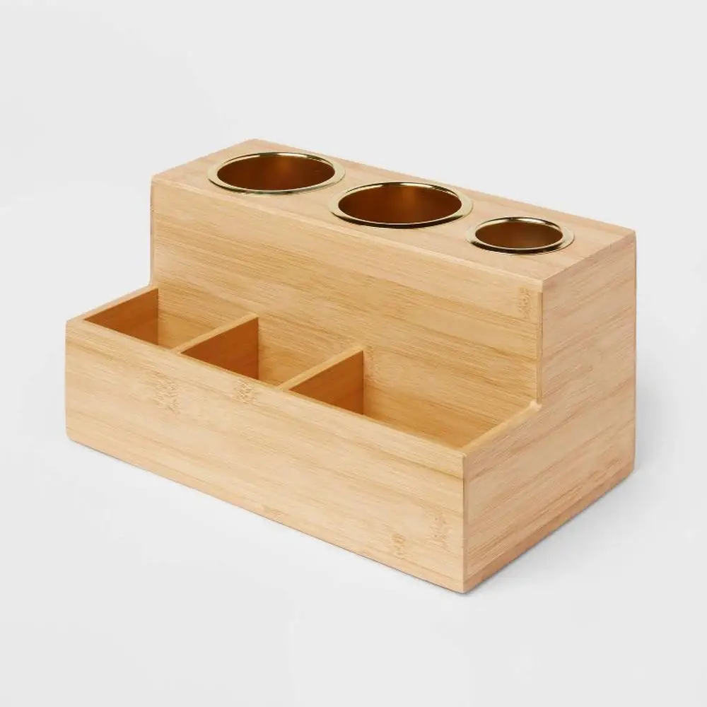 

Bamboo Hair Tools Organizer Multiple Compartments Magnets Included Natural Shade Stylish and Functional Easy Organization Vanity