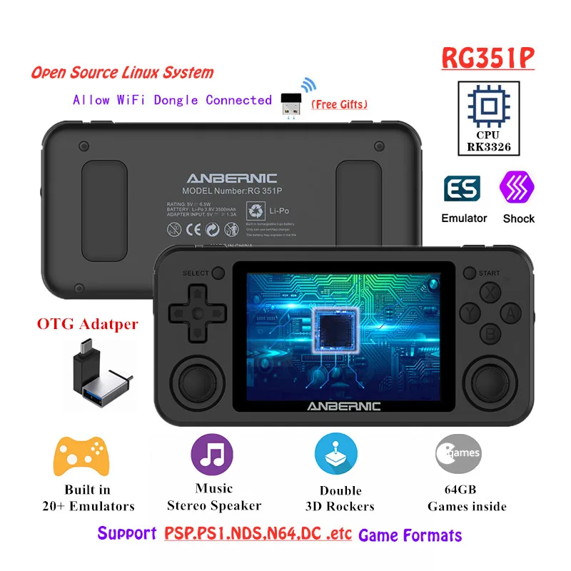 

ANBERNIC RG351P Handheld Game Player 64GB Emuelec Open System PS1 64Bit 2500 Games IPS Screen Portable RG350 Retro Game Console