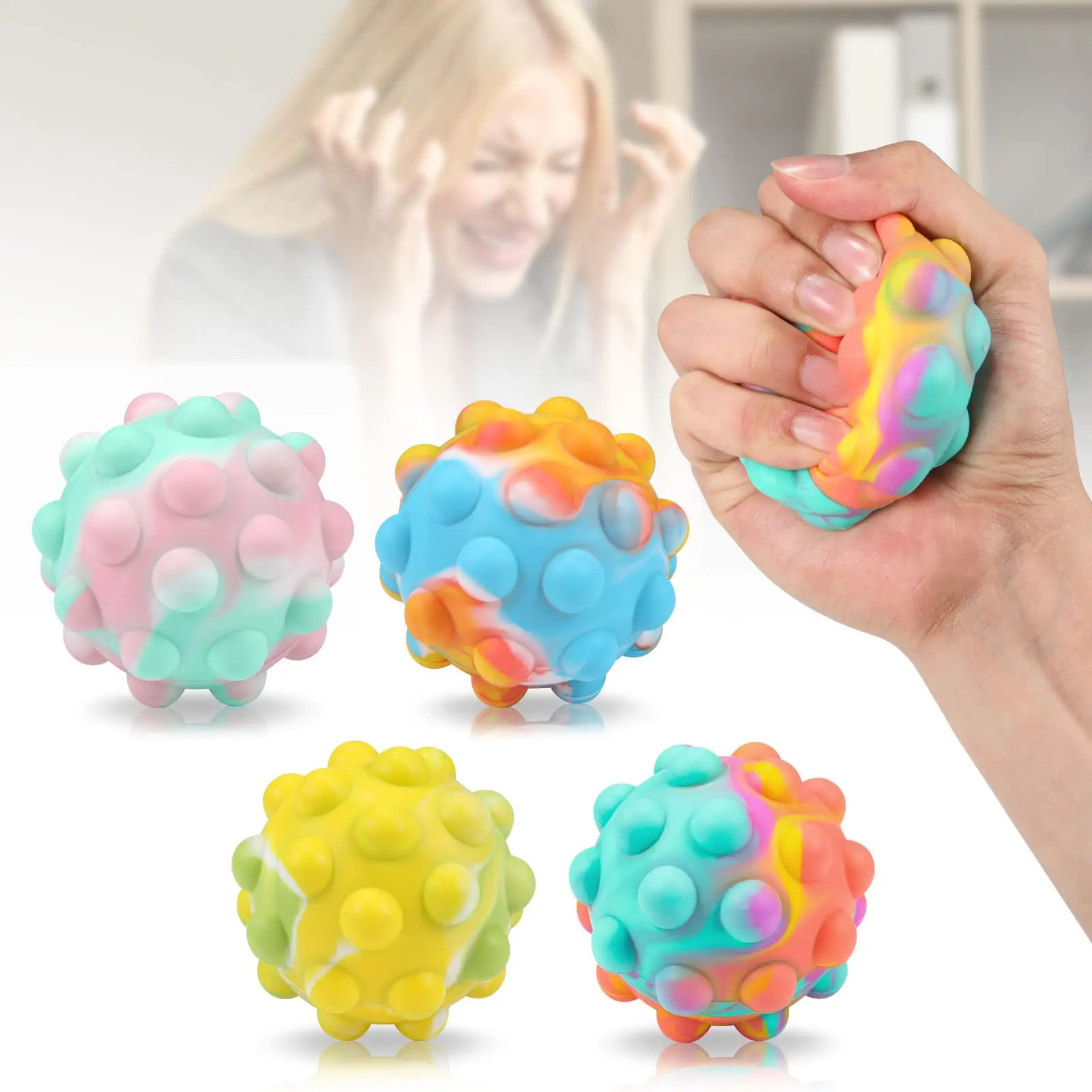 

4 Pack Stress Ball, Pop Ball, Fidget Balls 3D Ball Stress Relief Fidget Toys,Sensory Toys Squeeze Ball Push Bubbles Sensory Ball