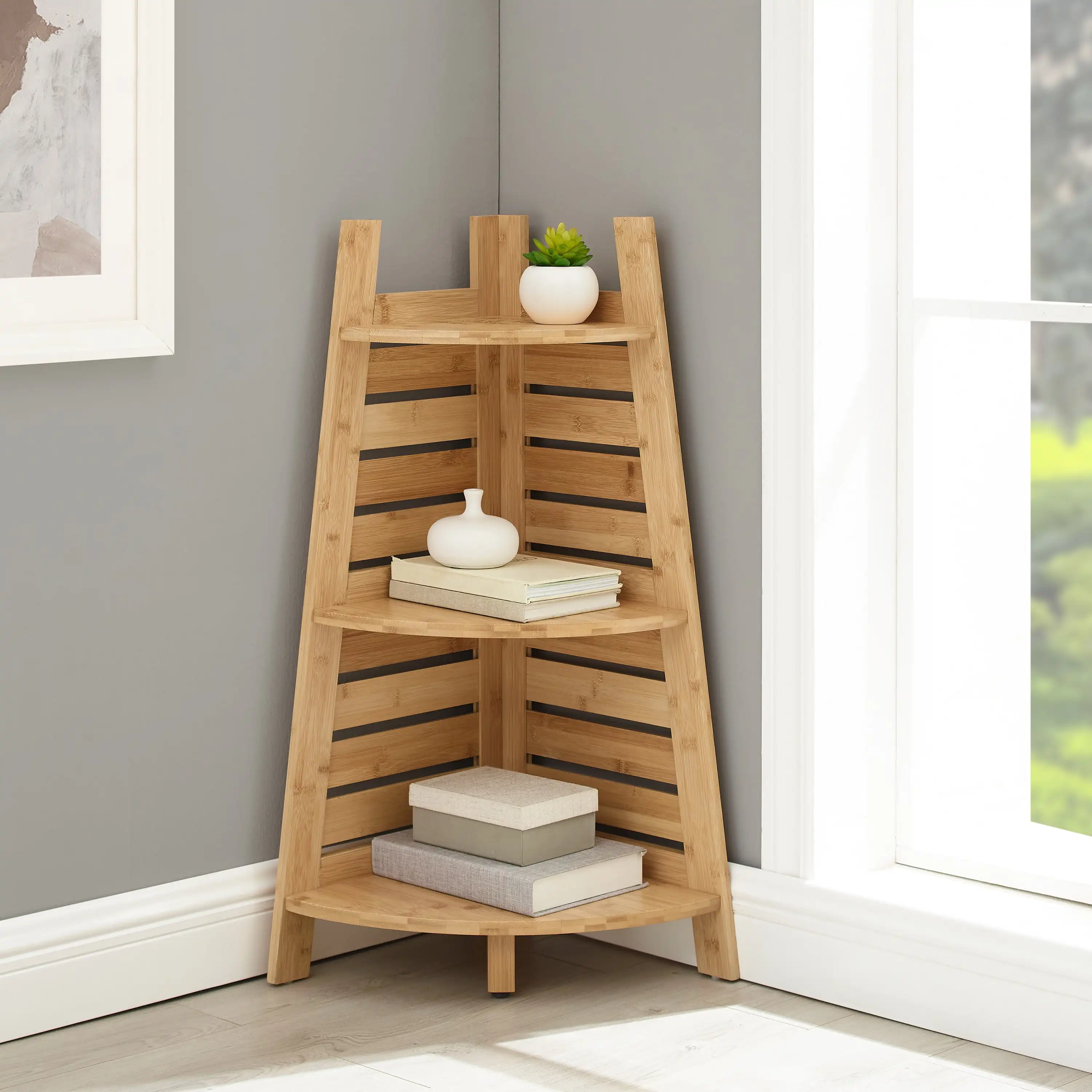 

Linon Harding 3-Shelf Bathroom Corner Bookcase, Natural Bamboo Finish
