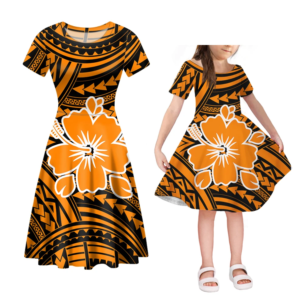 

NOISYDESIGNS Mom And Daughter Dress Fashion Samoan Hibiscus Polynesian Short Sleeve Family Matching Clothes Mother Kids Gift