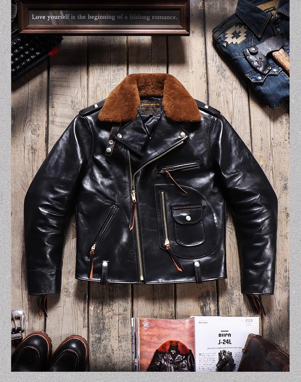 Leather Jacket CC Shop Retro Classic Rider Genuine Leather Jacket 1.4mm Tea Core Cowhide