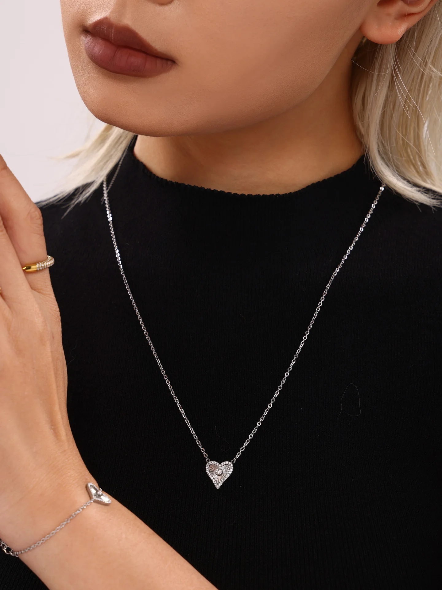 Vintage Herz Anhänger Halskette Armband Für Frauen Zirkon Wasserdichte Edelstahl Kette Bankett Täglichen Schmuck Geschenk – Detail 8