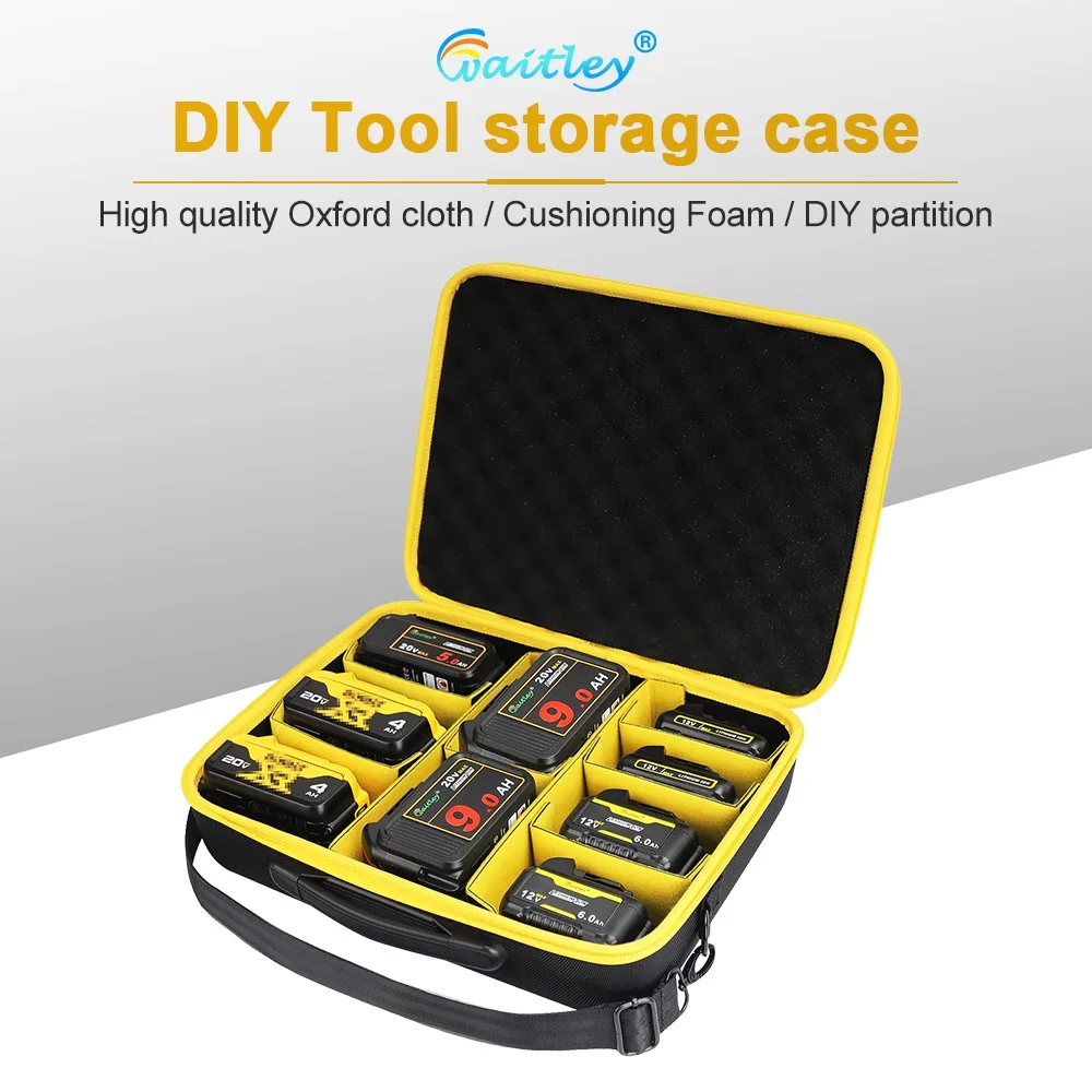 Waitley 휴대용 전동 공구 배터리 보관 케이스, 방수 액세서리 상자, Dewalt ect 배터리 저장 운반, 캔 파티션 