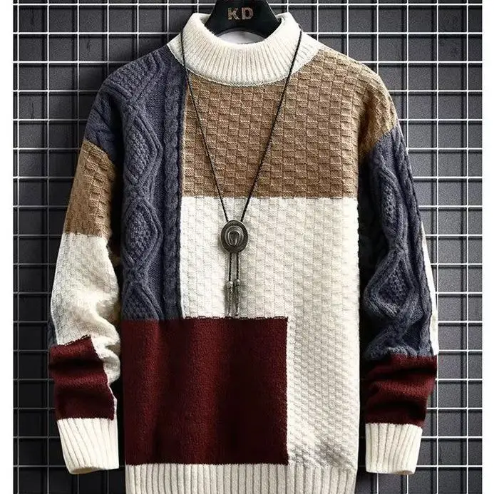 

Autumn Winter Sweater Men O Neck Pullover Casual Streetwear Mens Contrast Color Knitted Sweaters Fashion Harujuku Pullovers C77