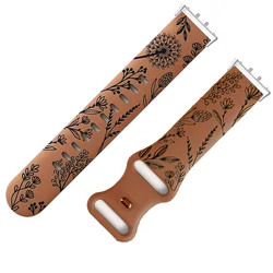 Floral Silicone Engraved Strap for Fitness Tracker Watch (Caramel black)