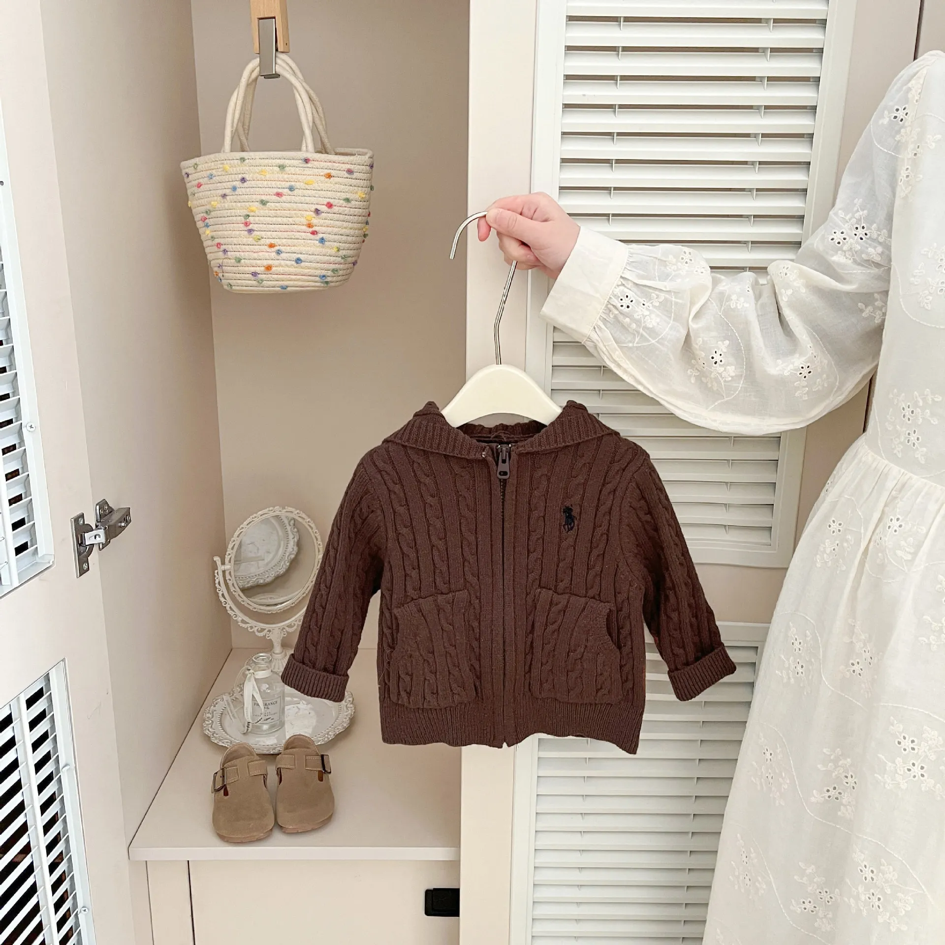 한국 스타일 남아 여아 가을 봄 후드 스웨터 아동 니트 가디건 키즈 니트웨어 긴팔 아우터 코트