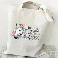 Women's Tote Bag Just A Girl Who Loves Horses Print Canvas Large Capacity Shopping Bags Horse and Flower Commuter Shoulder Bag 2