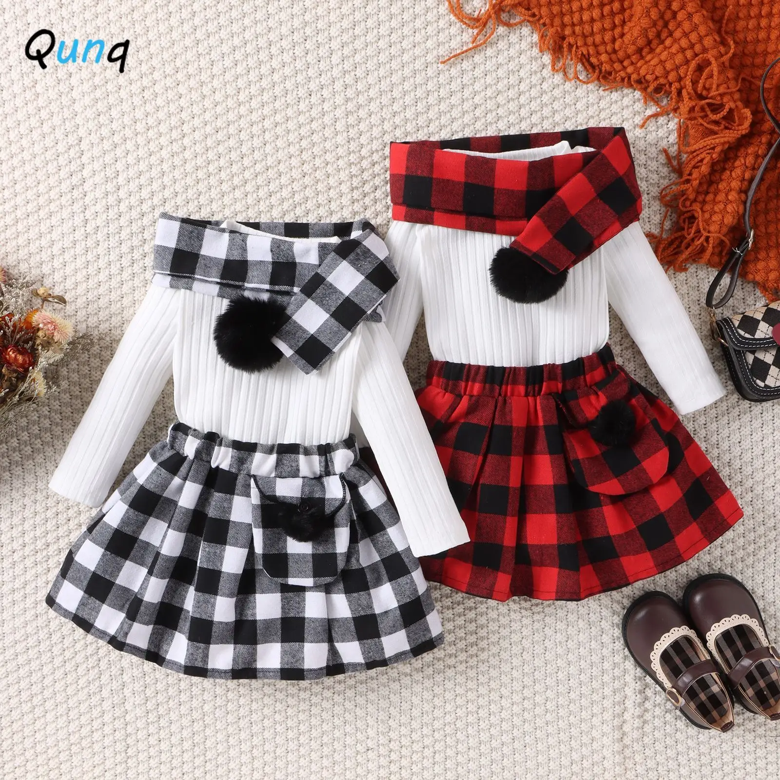 

Qunq 2023 Autumn Christmas Costume Girls Knit Long Sleeve Top + Plaid Skirt And Scarf 3 Pieces Set Casual Kids Clothes Age 3T-8T