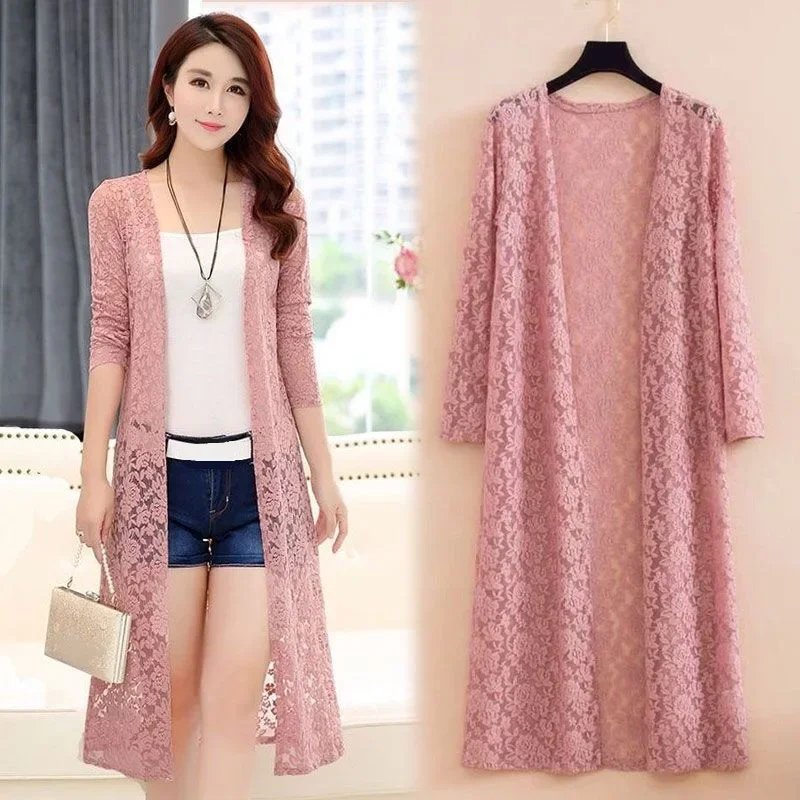 Fashion Women Lace Cardigan Mid-length Summer Mesh Shawl Loose Sun Protection Clothing Women Jacket Shirt Outerwear 1