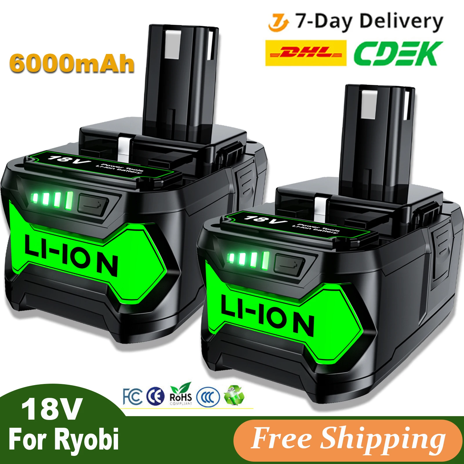 Литий-ионная аккумуляторная батарея для Ryobi P108, 18 в, 6000 мАч, BPL1820, P108, P109, P106, P105, P104, RB18L50, аккумулятор для электроинструмента