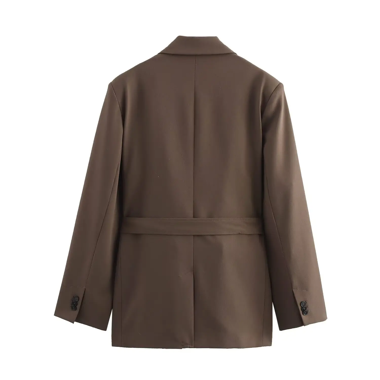 2025 Frauen Elegante Revers Tasche Gürtel Dekorieren Casual Blazer Jacke + Hohe Taille Lose Zipper Lange Hosen Braun 2-teiliges Set – Detail 5
