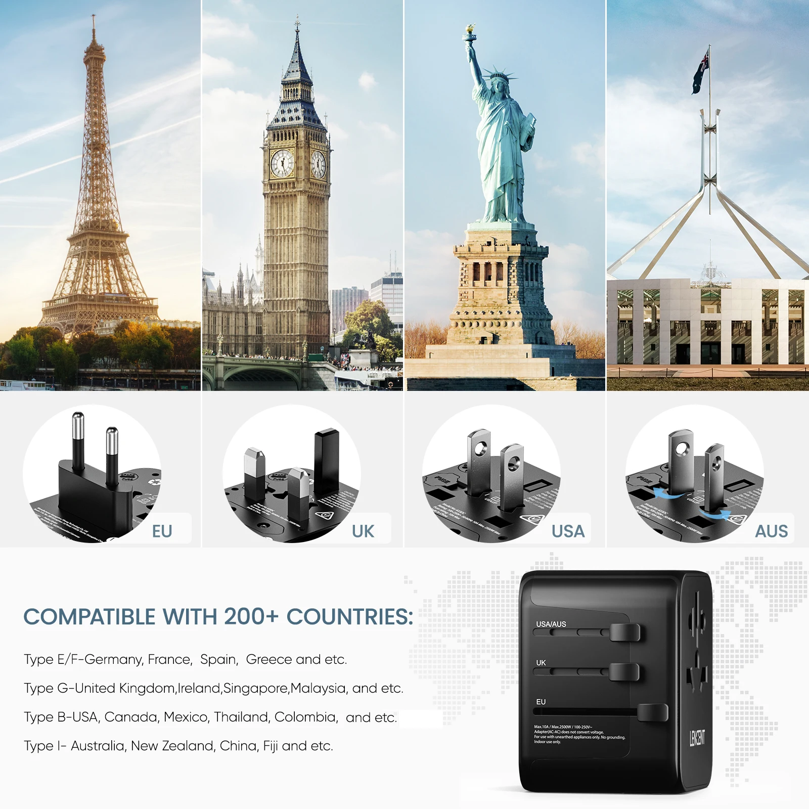 LENCENT Universal Travel Adapter 2 USB Ports 3 Type C 30W Fast Charging Power Adapter 2500W EU/UK/USA/AUS plug Travel