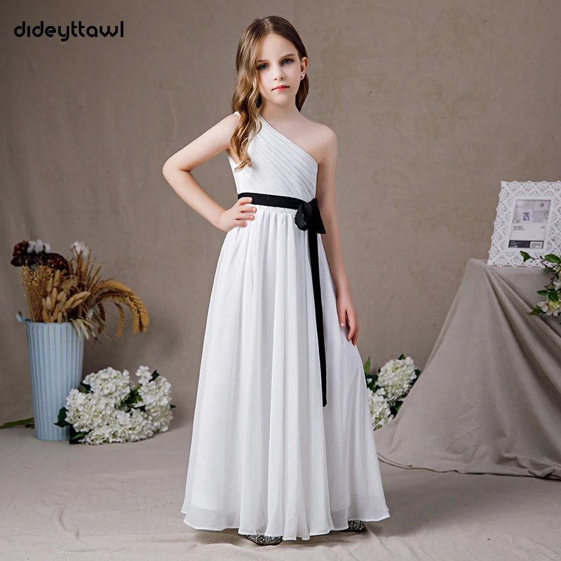 Dideyttawl White Chiffon One Shoulder First Communion Dress 2022 Long Kids Birthday Party Sleeveless Junior Bridesmaid Gown