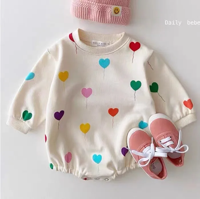 primavera nova bonito colorido corações imprimir bebê menina bodysuit algodão manga longa infantil menino macacão moda roupas da menina do bebê