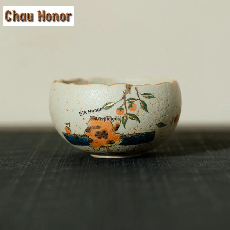 195ml Hand-painted Cat Stealing Persimmons Teacup Retro Tea Bowl Tea Pair Tea-tasting Meditation Cup Chazhan Master Cups Cha
