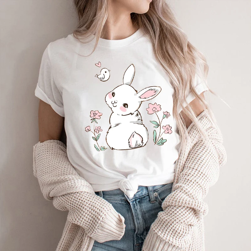 Maglietta Pasquale Kawaii Bunny Print Top A Maniche Corte Moda Casual Donna Tee Easter Basekt Eggs Tees T-Shirt Oversize Ropa Mujer