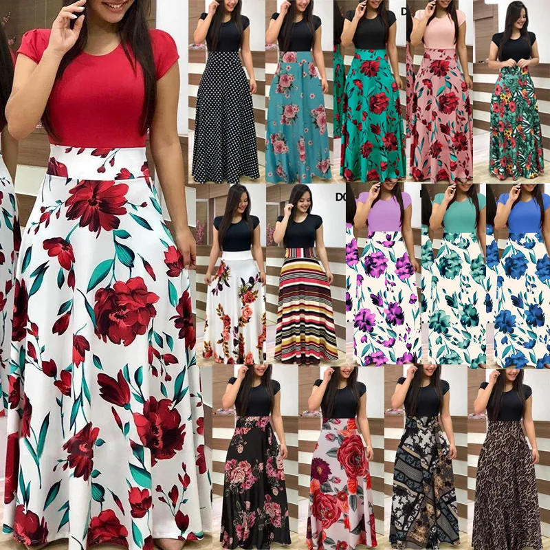 

Summer Fashion Flower Print Empire Women's Robe Dress Casual A Line Solid Short Sleeve Bohemia O Neck Patchwork Lady Maxi Dress