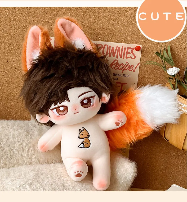 

Brown Hair Cotton Doll 20cm with Skeleton and No Attribute Male Baby with Animal Ears Big Fox Tail Doll Boy Girl Kids Gift