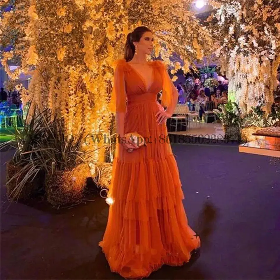 

Puffy Sleeve A-line Prom Dress Orange Multi-layer Evening Dress Organza فستان سهرة Sexy V-neck Party Dresses