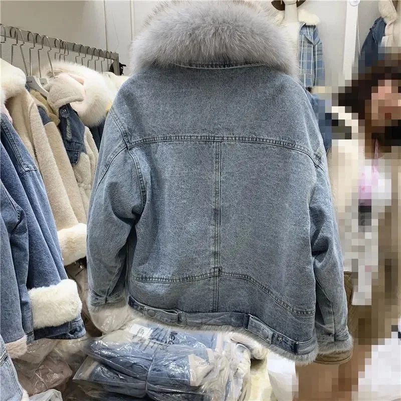 2023 50% cotton  Fashion Korean Edition Thickened Denim Coat Women Autumn Winter Loose Sweetened Lamb Wool Cotton Coat Polo Neck