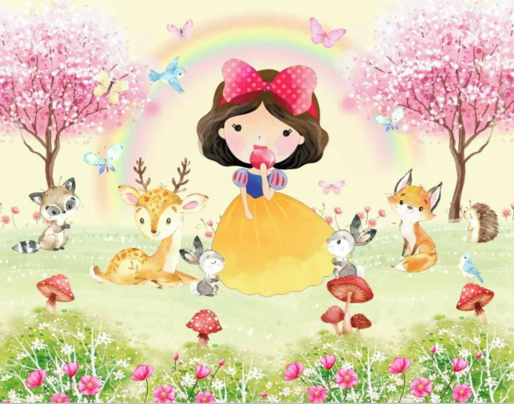 Disney dos desenhos animados bonito sete anões e pássaro foto pano de fundo neve  branca princesa feliz aniversário festa decoração fundos banner - AliExpress, image size:1030x811