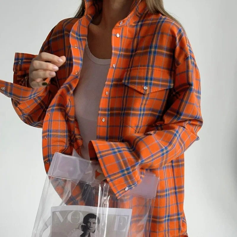 

Женская Асимметричная рубашка в клетку, свободная однобортная рубашка с отложным воротником и длинным рукавом, Осень-зима 2023