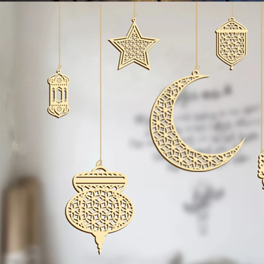 6pcs/set star moon lantern mandala pattern hollow wooden pendant for Ramadan DIY decoration wooden sign holiday party supplies