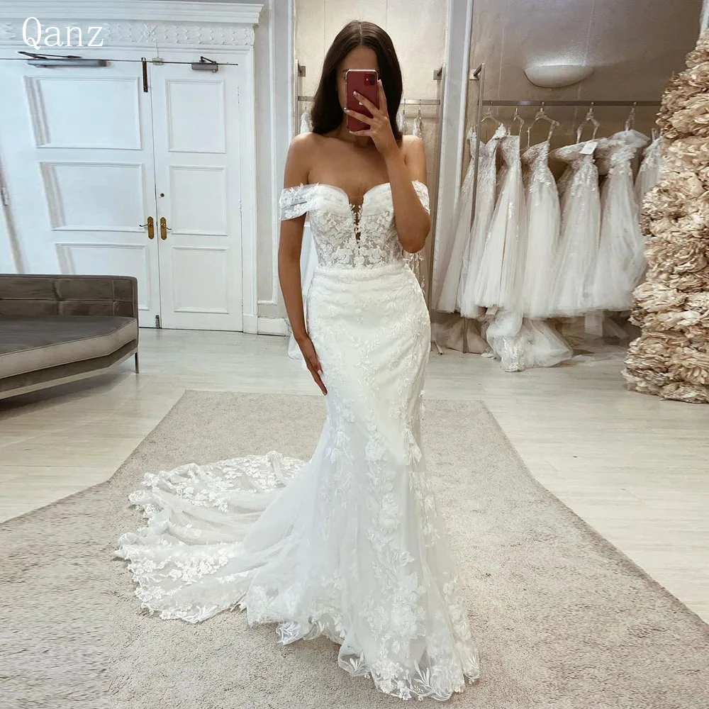 

Qanz Gorgeous Bohemian Mermaid Wedding Dresses Women's Elegant Sweep Train Bridal Gowns Lace Appliques Tulle Vestidos De Novia