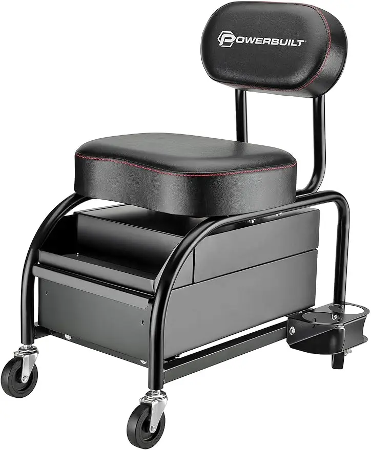 Powerbuilt Professional Car Detailers Mechanics Roller Seat, Heavy Duty Garage Stool with Thick Padded Seat and Backrest
