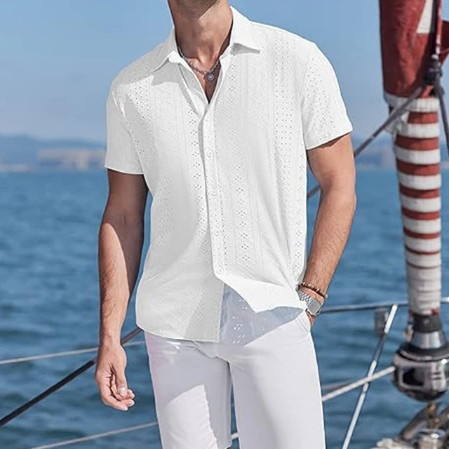 JMIERR Camisa Cubana Casual Para Hombre, Ligera, Con Botones, Manga Corta, Texturizada, Para Verano, Playa, Con Bolsillo, Caqui