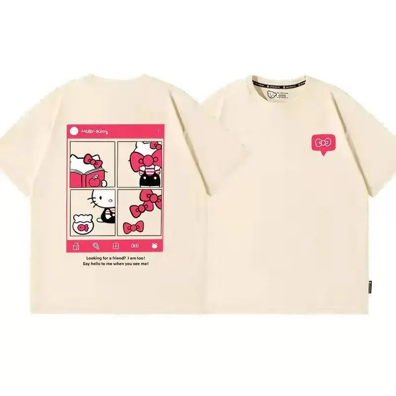 

Hello Kitty Children's clothing Cartoon Solid Color Short-sleeved Girl Pure Cotton Round Neck ins Shirt Summer Street T-shir