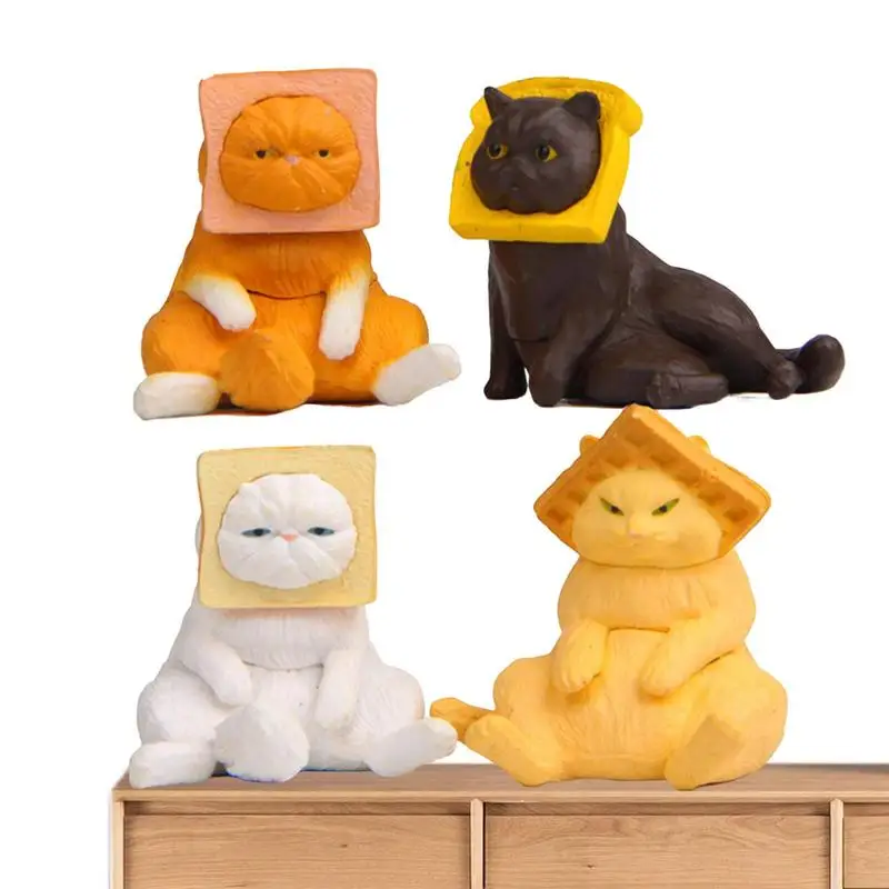 

Colorful Creative Cat Landscaping Doll Miniature Garden Miniatures Adorable Bread Toast Head Cat Figurine For Home Decor 4PCS