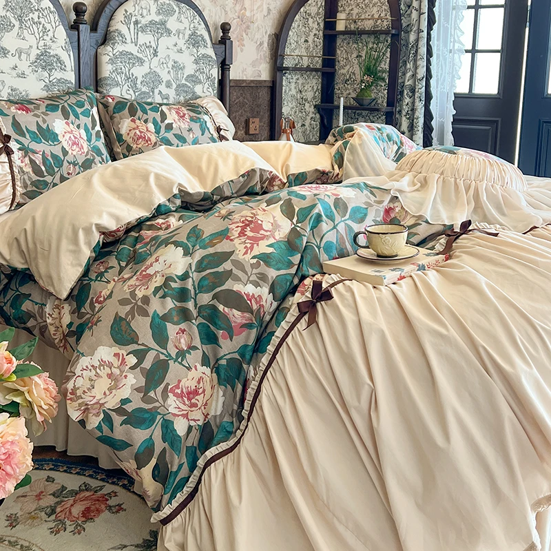 Vintage French Flower Prints Ruffles Bow Princess Romantic Bedding Set 100% Cotton Duvet Cover Bed Skirt Bedspread Pillowcases Vintage French Flower Prints Ruffles Bow Princess Romantic Bedding Set 100% Cotton Duvet Cover Bed Skirt Bedspread Pillowcases