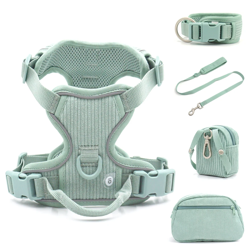 Morandi Green Personalized Dog Collar and Leash Set Anti-Lost Airtag Support Dog Harness Puppy Harness Set with Poop Walking Bag pet harness leash set,pet harness set