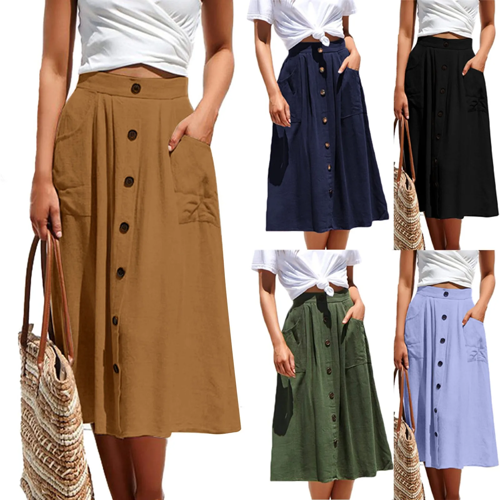

Women's Casual Loose Casual Pocket A-Line High Waisted Mid Length Skirt With Pocket Fashion-Forward Button-Up Linen Skirts