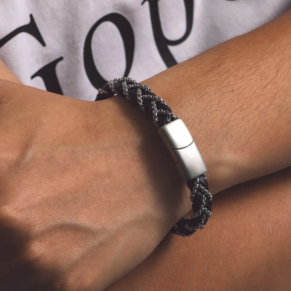 U7 Stainless Steel Chain Leather Braiding Bangle Bracelets for Man Woman 19/21cm Knitting Bracelet Couple Unisex Jewelry Gift