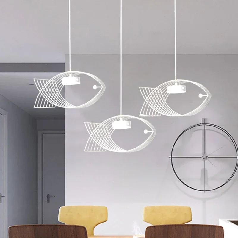 

Modern LED Chandeliers For The Kitchen Dining Table Creative Fish Iron Hanging Lights Gold Black White Ceiling Pendant Lamp