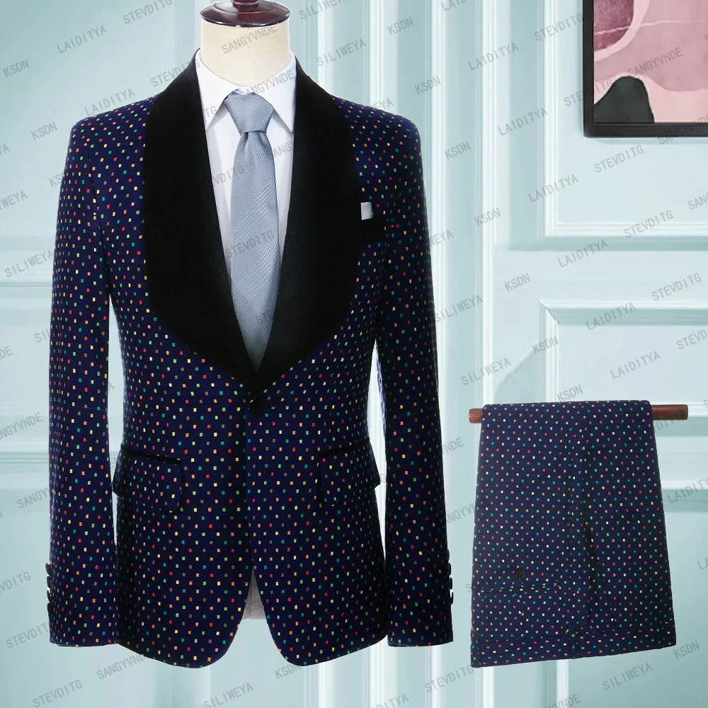 

2023 New Teal Polka Dots Men Suit Slim Fit Wedding Wear Business Navy Blue Set Elegant Costume Mariage Homme 2 Piece