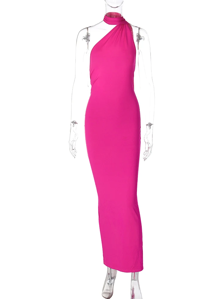 Hugcitar One Shoulder Backless Adjustable Scarf Loop Ruched Sexy Maxi Dress 2024 Women Elegant Y2K Streetwear Festival Outfit 6