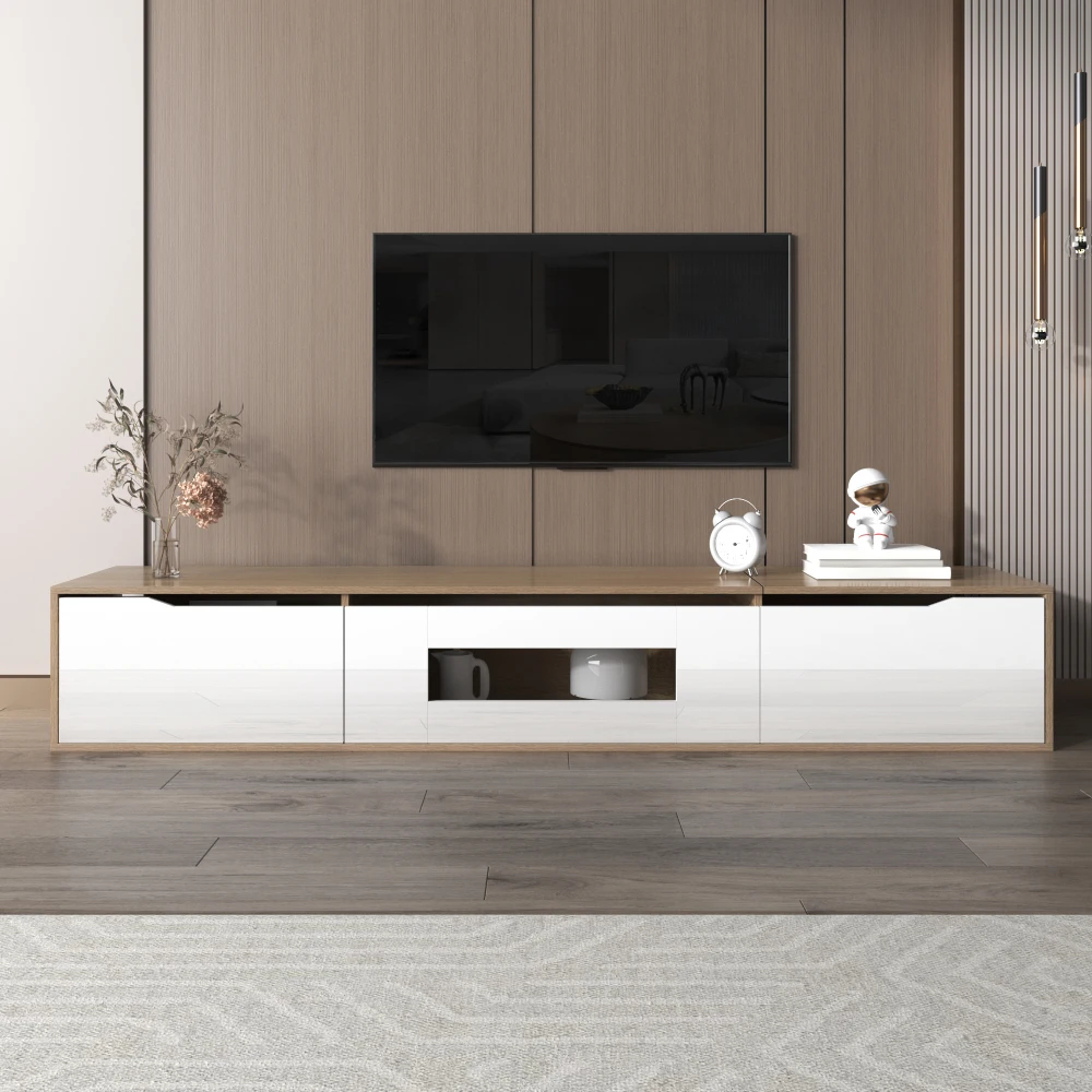 PINGGO Hochglanz-TV-Schrank Farblich Abgestimmte LED-Beleuchtung Weiß Holzton Heimunterhaltungs-Aufbewahrungseinheit – Detail 10