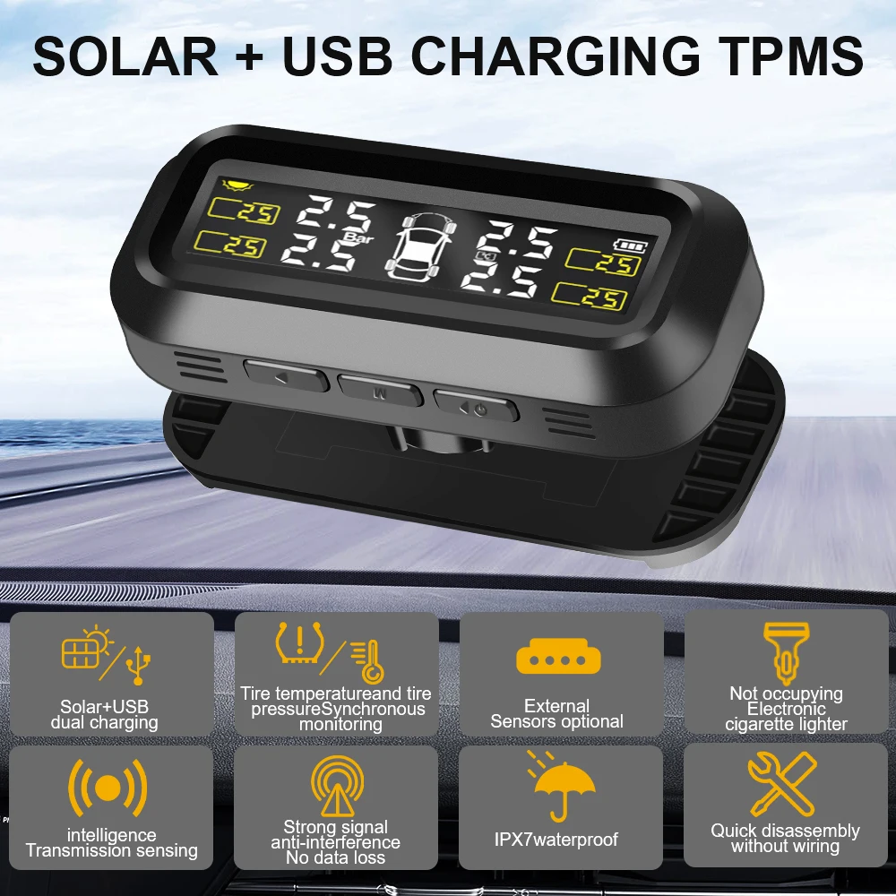 New Solar Power External Sensor Auto Security Alarm Tyre Pressure Car TPMS Tyre Pressure Monitoring System Digital LCD Display