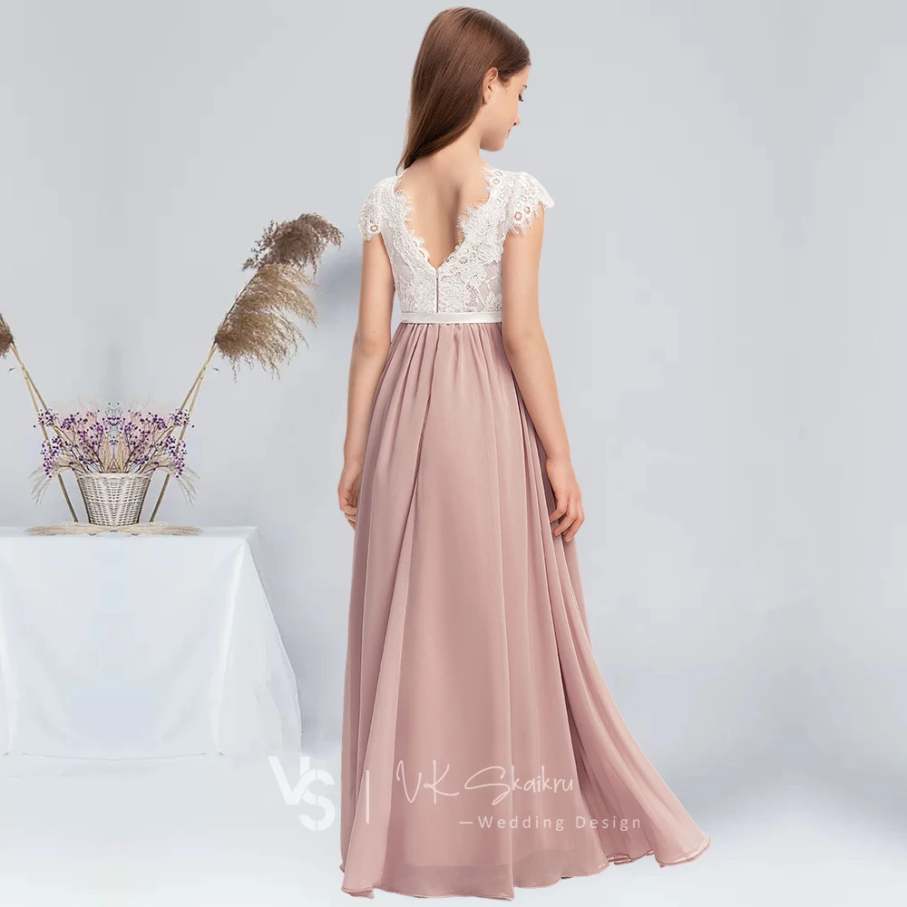 A-line Scoop Floor-Length Chiffon Lace Satin Junior Bridesmaid Dresses Bow Back Zip Short Sleeves Flower Lace Girl Dress