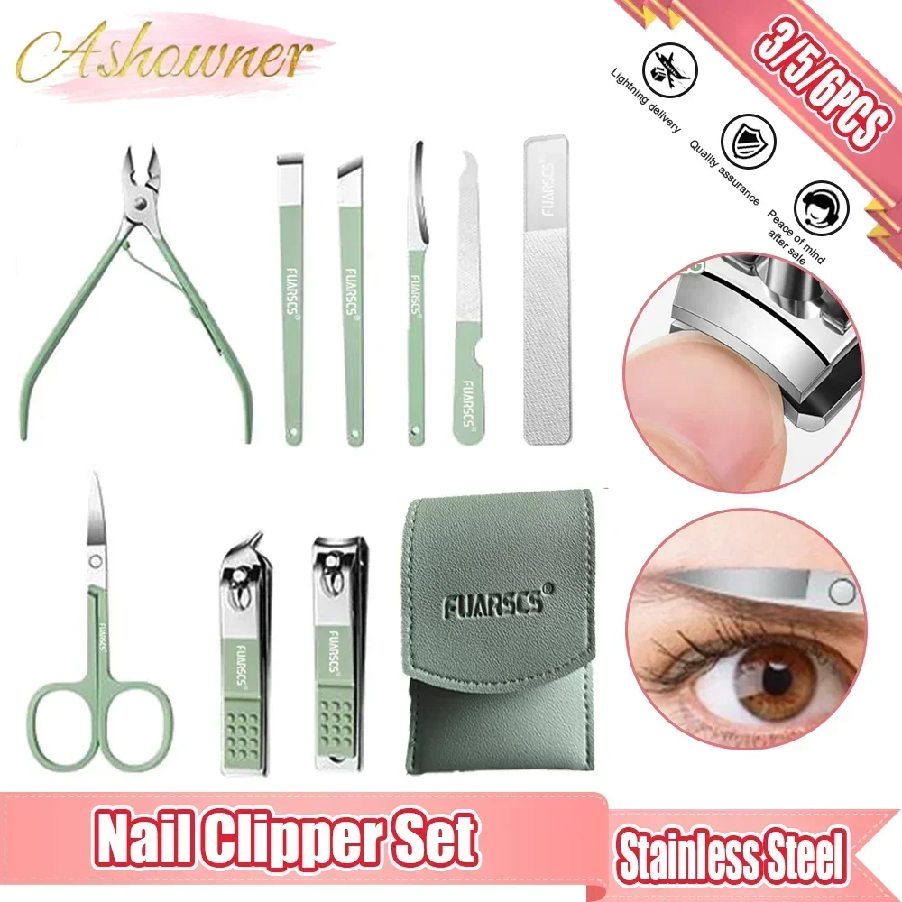 

ASHOWNER 3/5/6PCS Manicure Cutters Nail Clipper Set Stainless Steel Trimmer Green Nail File Eyebrow Scissors Personal Care Tools
